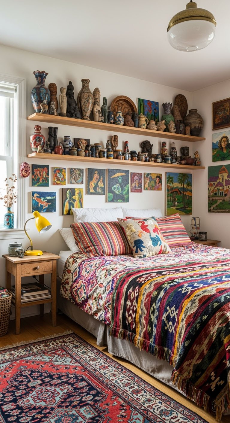 Chambre de collectionneur avec etageres d'artefacts du monde