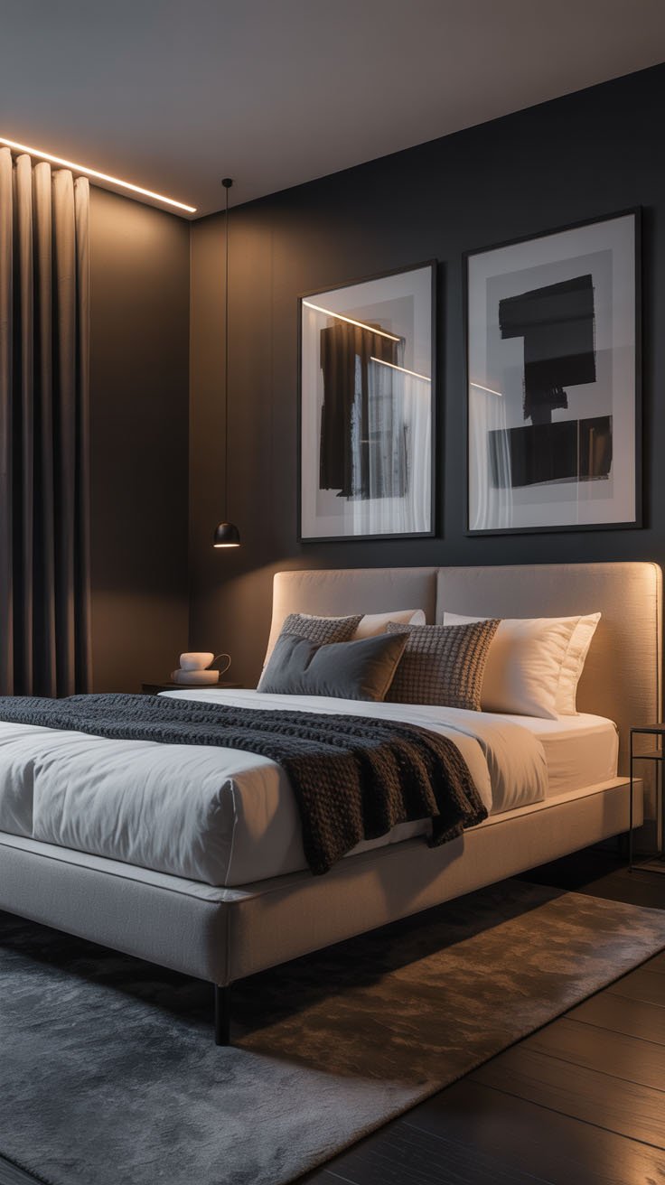 Chambre moderne sombre avec éclairage indirect et art abstrait