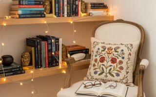 Coin lecture sous un escalier avec un fauteuil vintage et des lumières