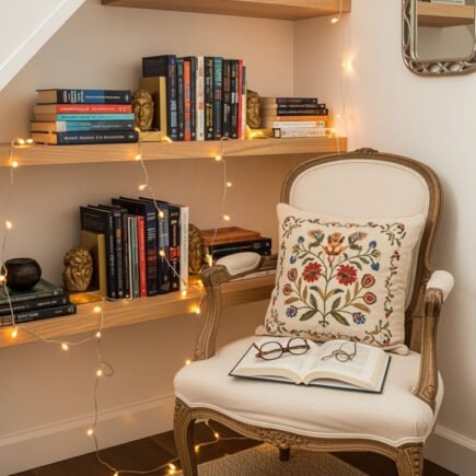 Coin lecture sous un escalier avec un fauteuil vintage et des lumières