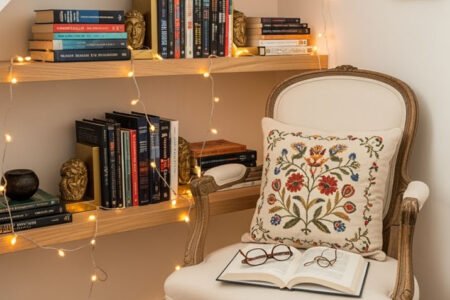 Coin lecture sous un escalier avec un fauteuil vintage et des lumières