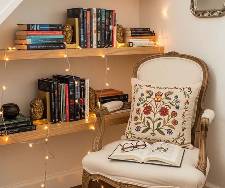 Coin lecture sous un escalier avec un fauteuil vintage et des lumières