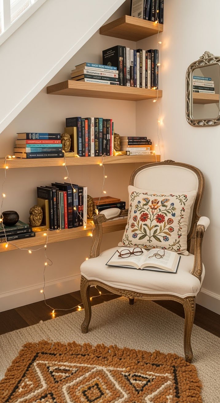 Coin lecture sous un escalier avec un fauteuil vintage et des lumières