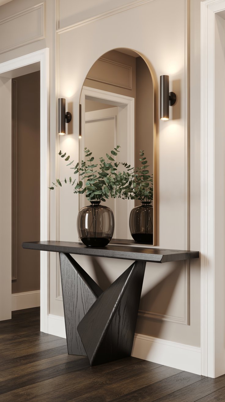 Console entrée noire sculpturale avec miroir en arche et appliques murales