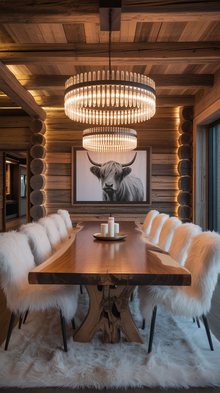 Salle à manger de chalet avec table en bois et chaises en fourrure