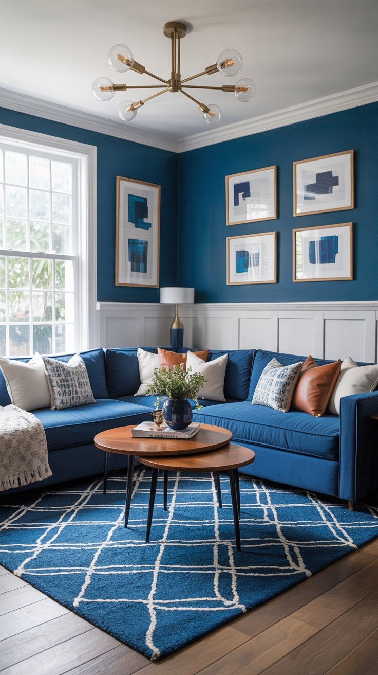 Salon bleu marine avec canapé dangle bleu et lustre doré