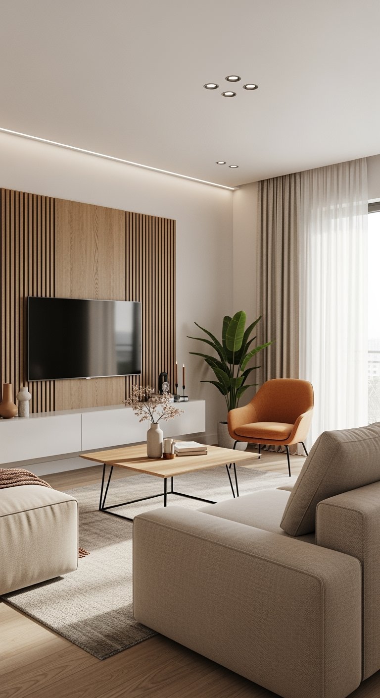 Salon moderne avec mur de tasseaux de bois derrière la télévision
