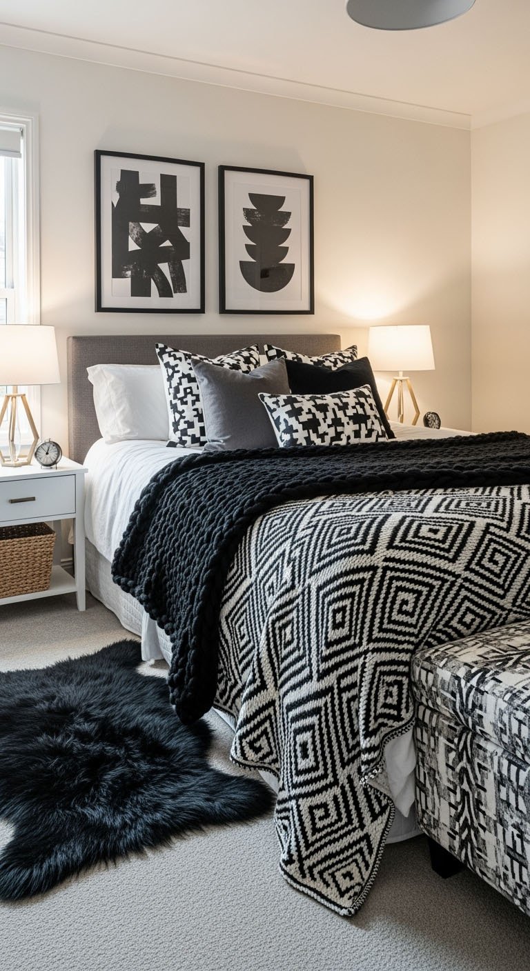Chambre de style bohème avec des motifs géométriques noirs et blancs.