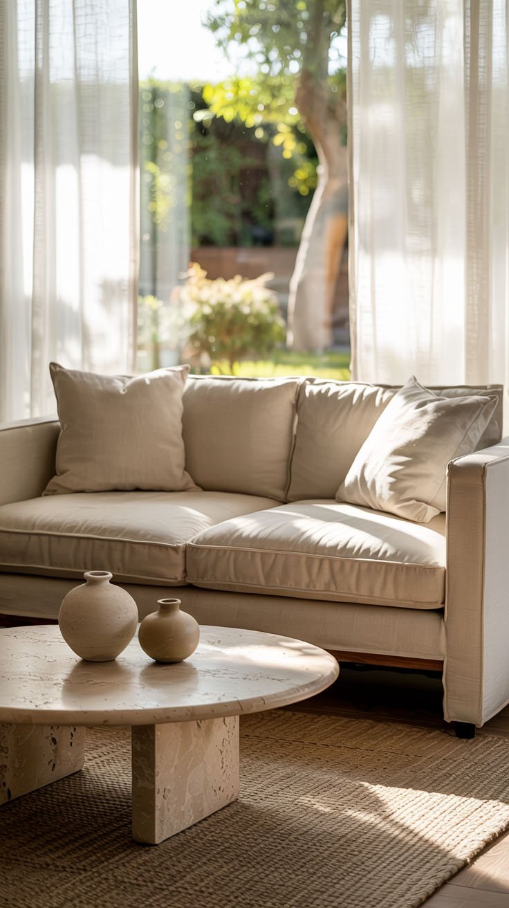 Canapé beige clair et table basse en travertin dans un salon baigné de lumière