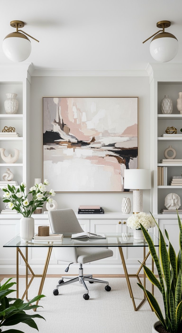 Bureau chic en verre et or avec grand tableau abstrait et bibliothèques blanches