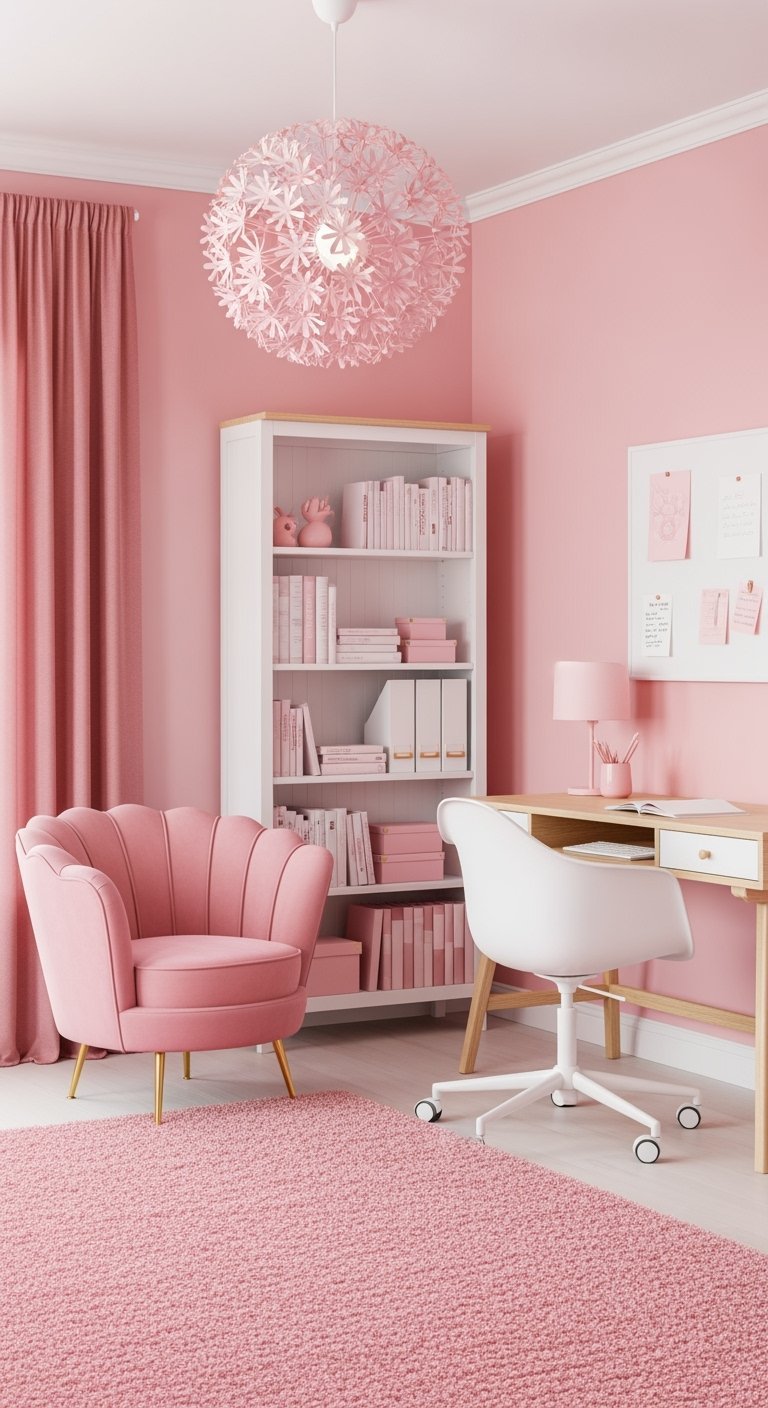 Bureau dans une pièce entièrement rose avec fauteuil coquillage et bibliothèque blanche