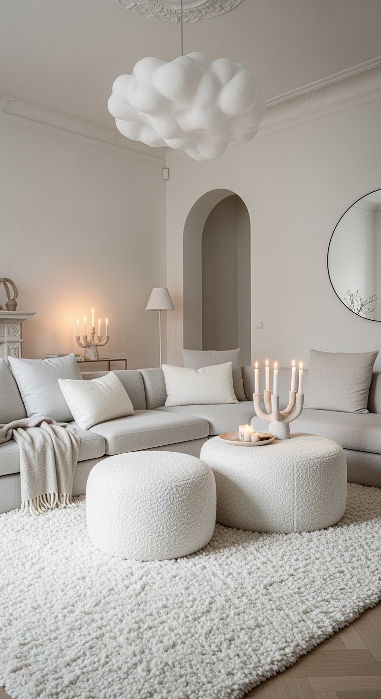 Canapé gris clair avec poufs en tissu bouclé blanc et tapis épais