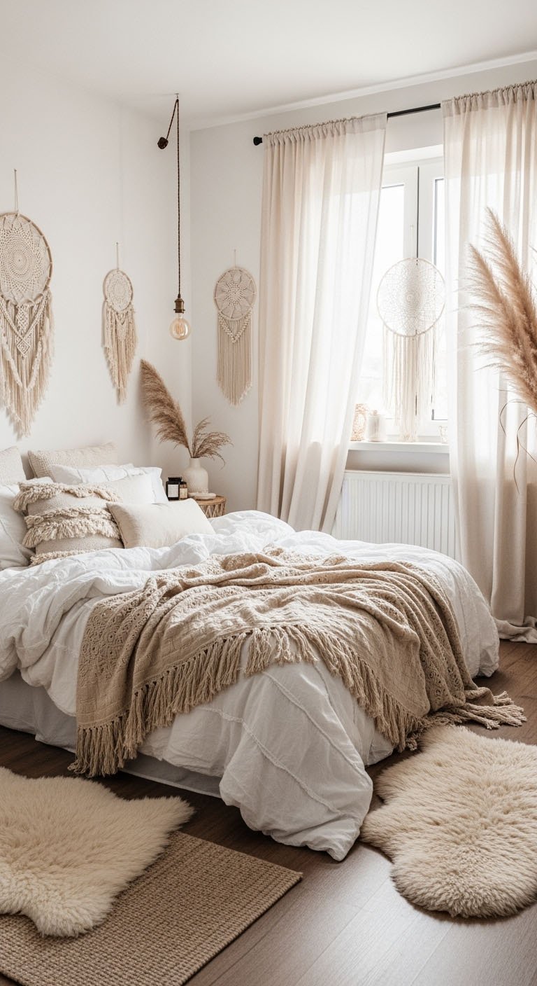 Chambre bohème beige avec attrape rêves et lit douillet
