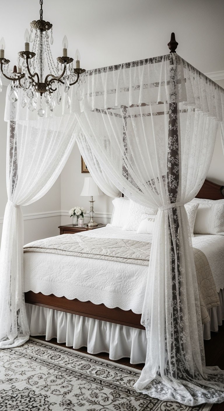 Chambre elegante avec lit a baldaquin en dentelle et lustre en cristal