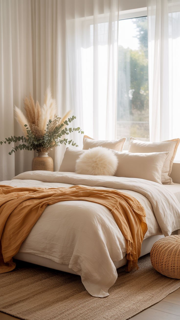 Chambre lumineuse avec linge de lit en lin et plaid ocre