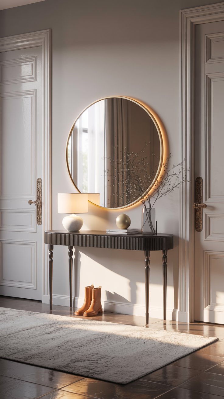 Entrée élégante avec miroir rond rétroéclairé au dessus une console fine