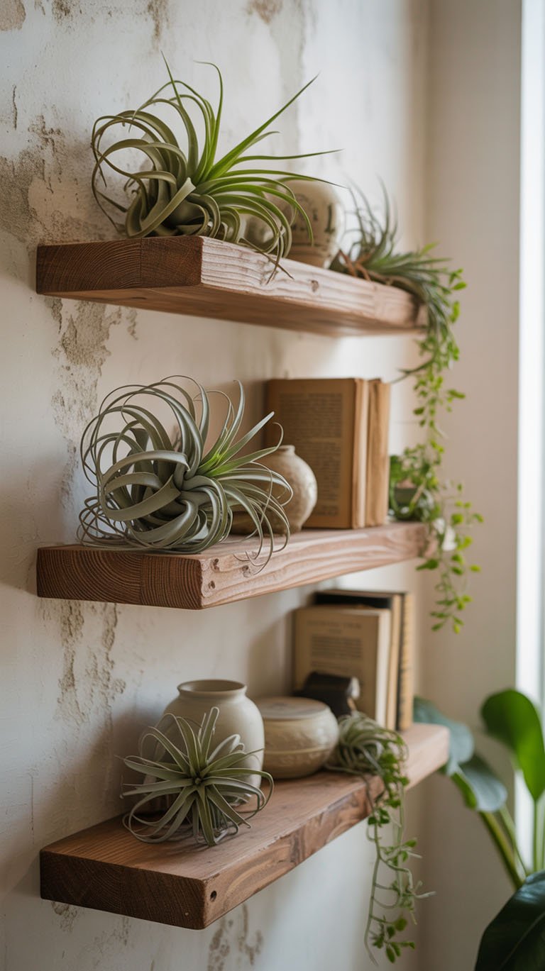 Étagères en bois avec plantes aériennes et poterie artisanale