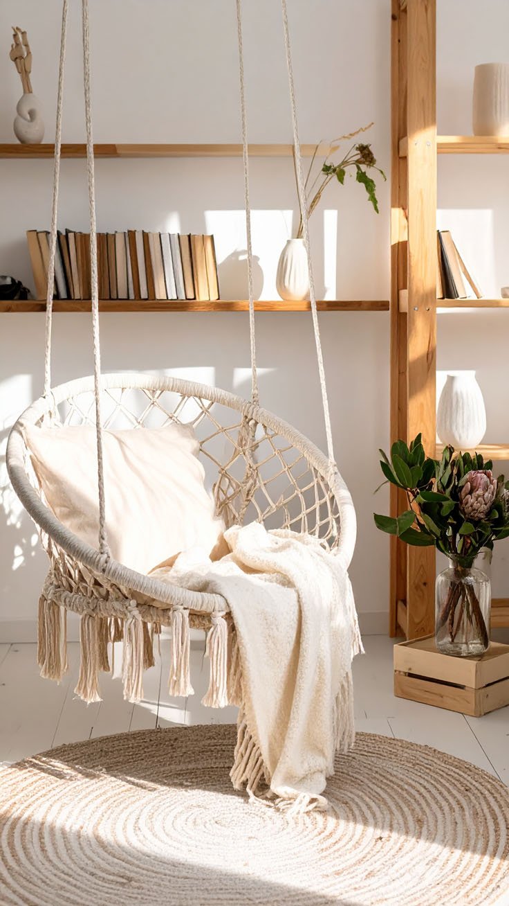 Fauteuil suspendu en macramé dans un coin lecture de style bohème