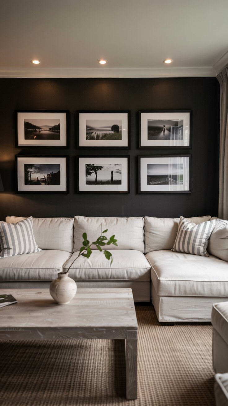 Mur de galerie en noir et blanc au dessus d un grand canapé blanc