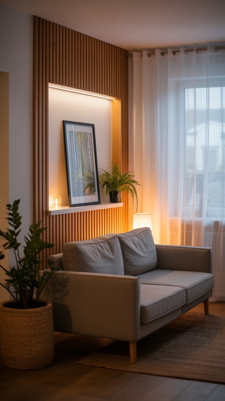 Niche murale décorative encadrée de tasseaux de bois et éclairée par des LED