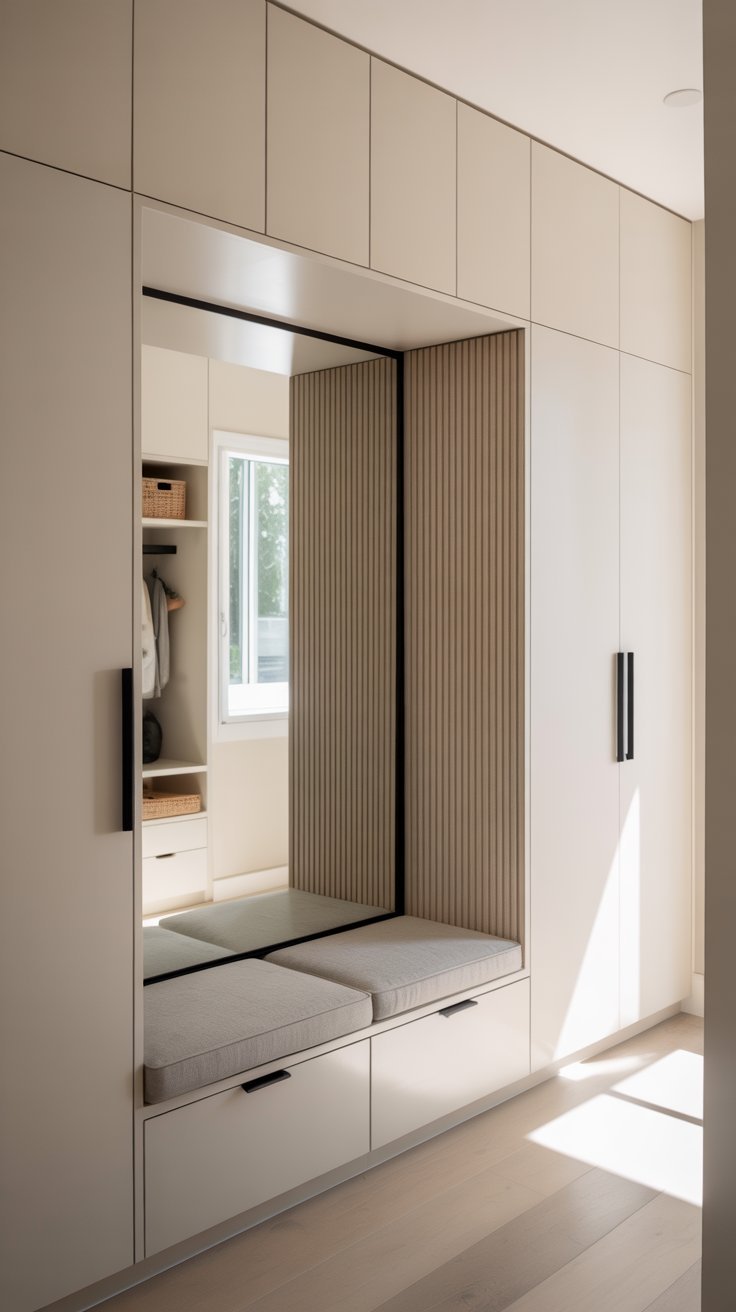 Placards beiges avec niche et miroir coulissant