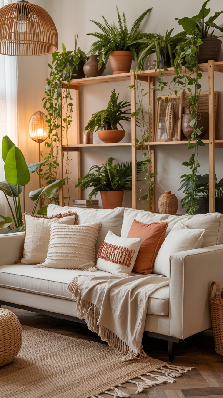 Salon de style bohème avec canapé blanc et nombreuses plantes