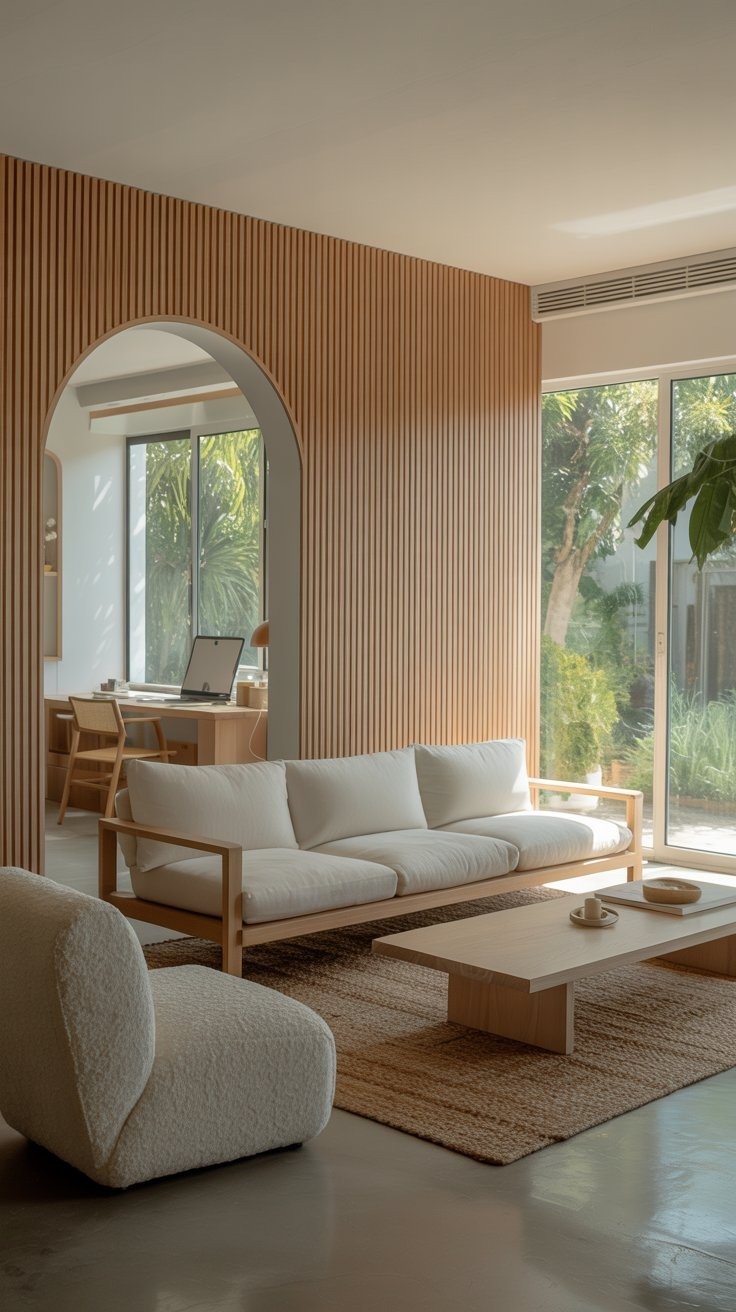 Salon lumineux avec mur en tasseaux et grande ouverture en arche