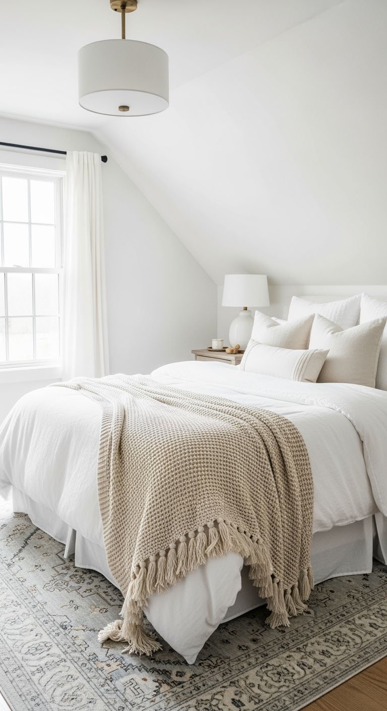 Chambre minimaliste blanche avec un plaid en tricot beige à franges.