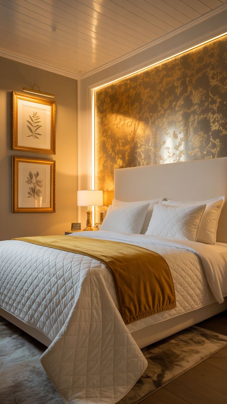 Chambre élégante avec mur doré texturé et jeté de lit en velours