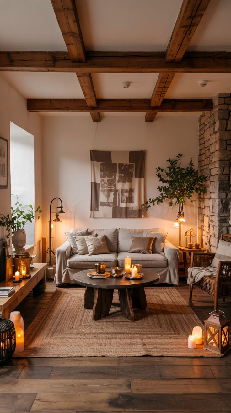 Salon rustique avec poutres apparentes, mur en pierre et éclairage aux bougies