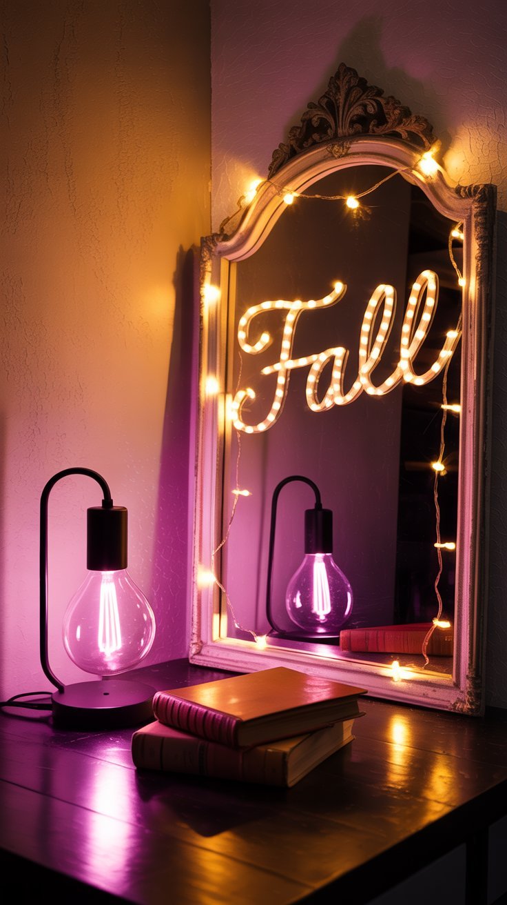 Ambiance lumineuse d automne et d Halloween avec un miroir, un néon et des guirlandes