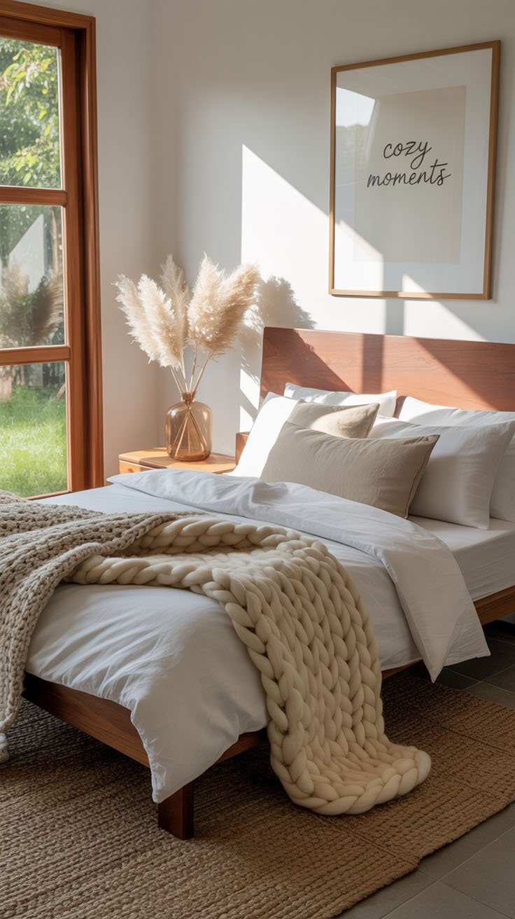 Chambre cosy avec plaid en grosse maille et lumière naturelle 1