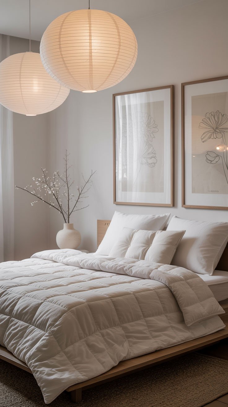 Chambre minimaliste Japandi avec lanternes en papier et lit en bois