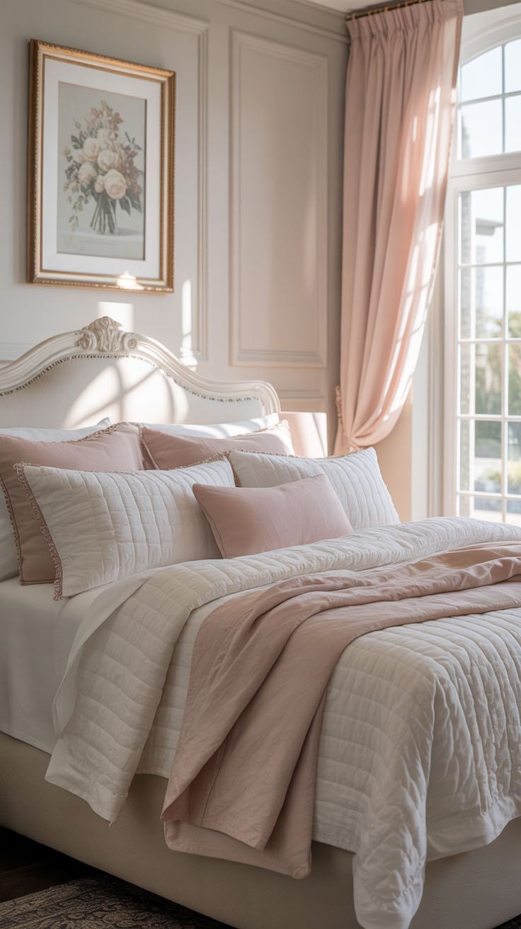 Chambre romantique rose pastel avec lit blanc et détails dorés
