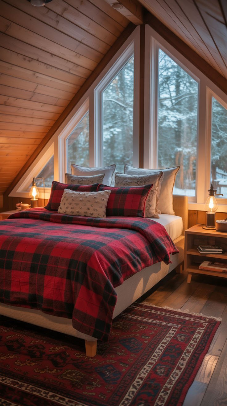 Chambre style chalet avec plaid écossais rouge et vue sur la neige