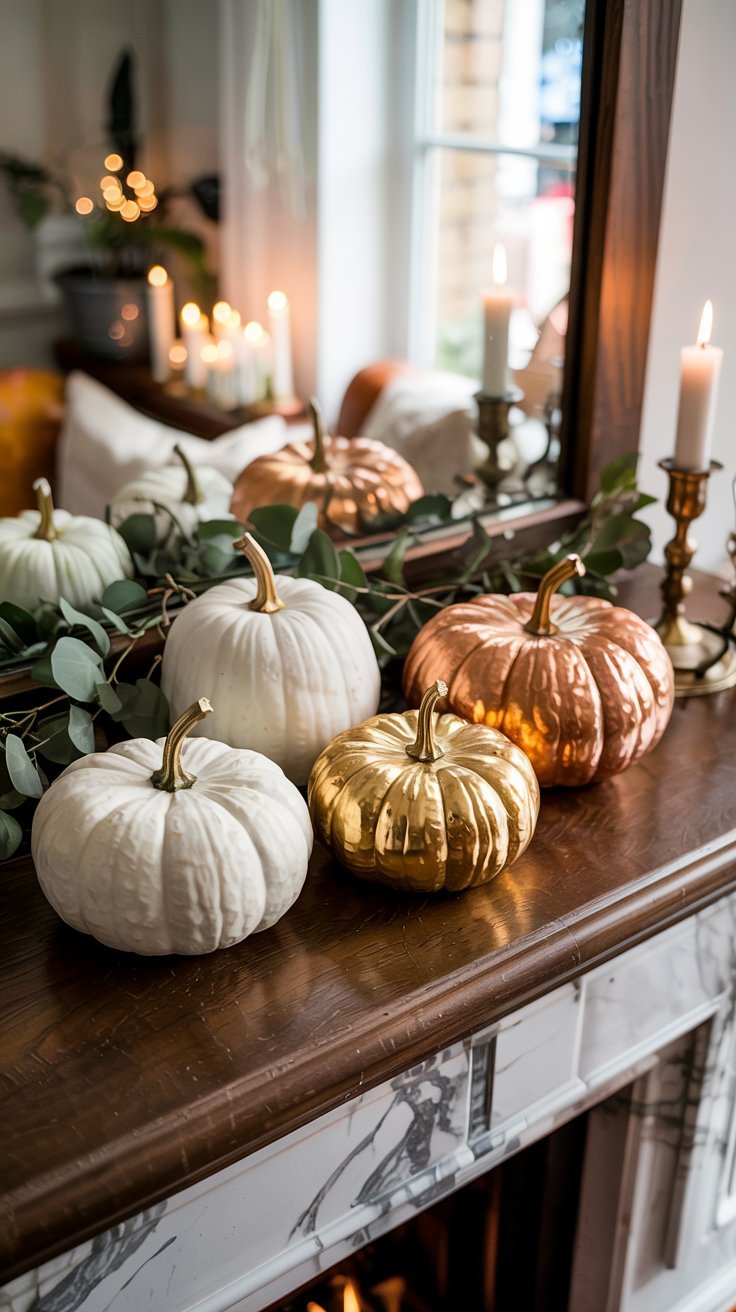 Citrouilles décoratives sur cheminée