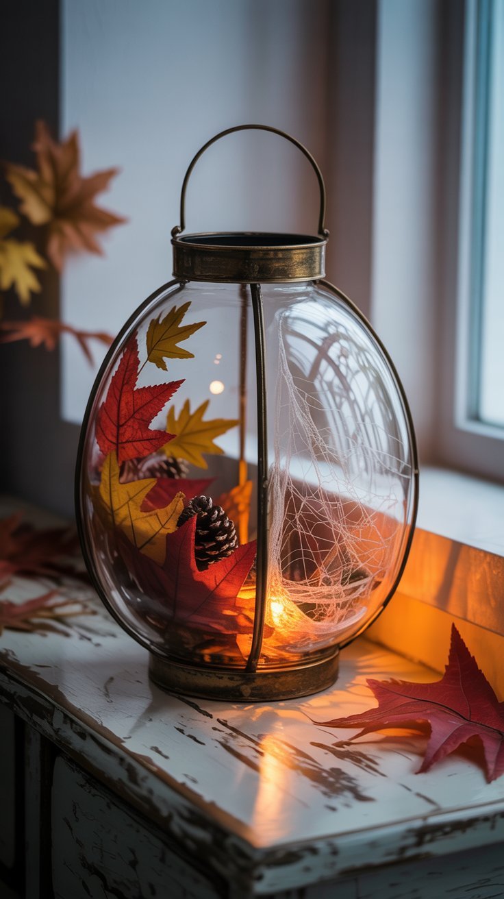 Lanterne décorative polyvalente pour l automne et Halloween avec feuilles et toile d araignée