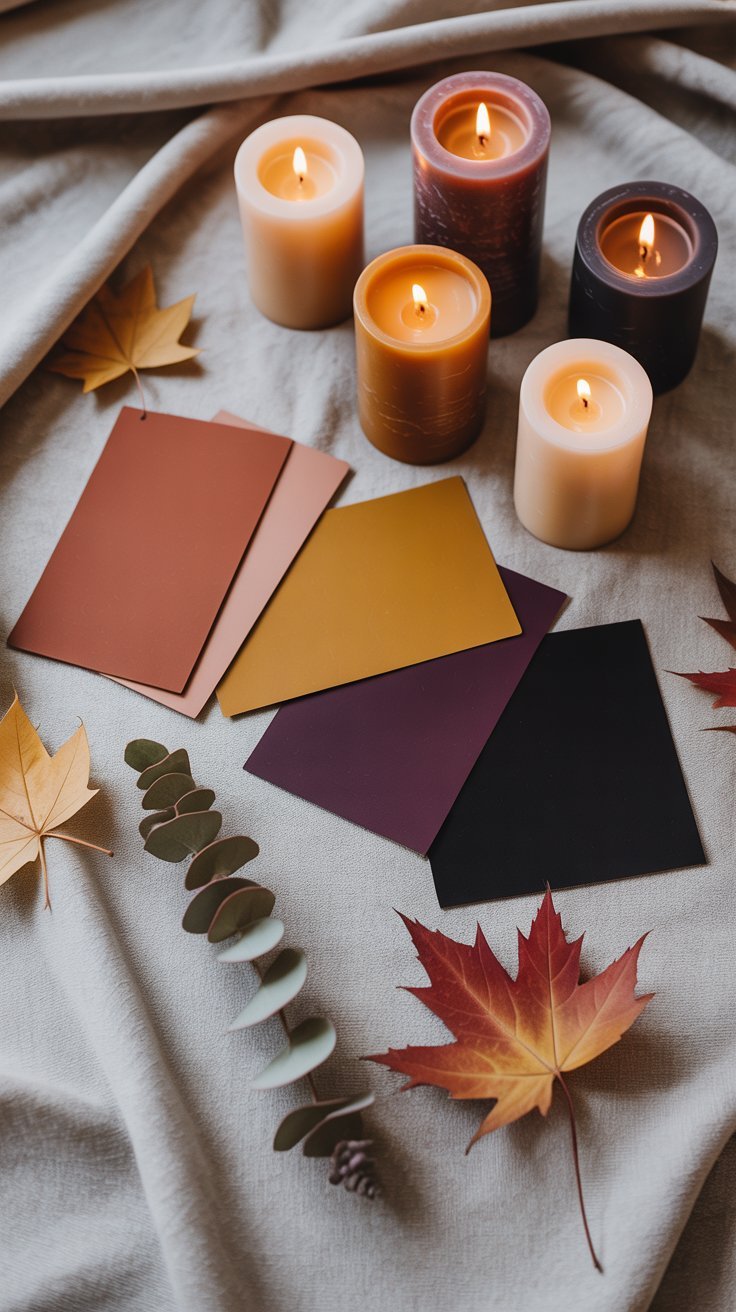 Palette de couleurs automne halloween avec échantillons de peinture, bougies et feuilles