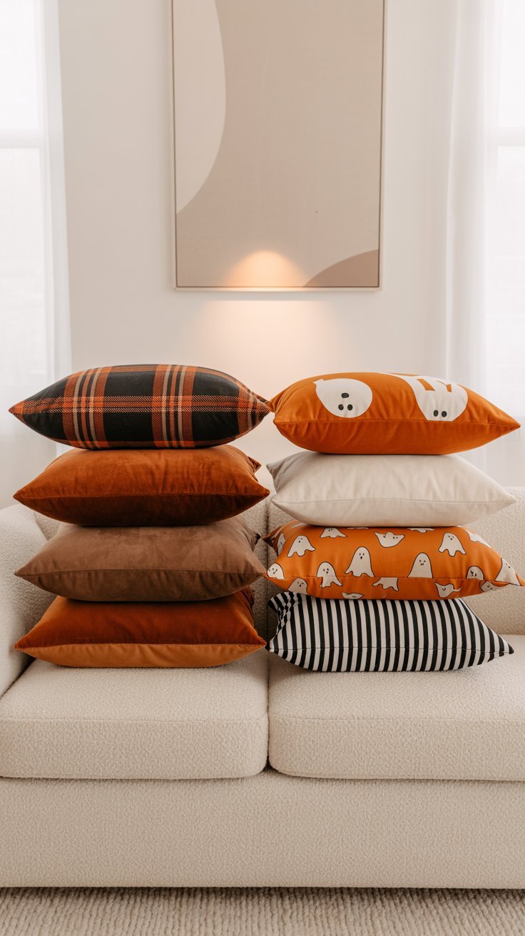 Piles de coussins décoratifs pour l automne et Halloween sur un canapé