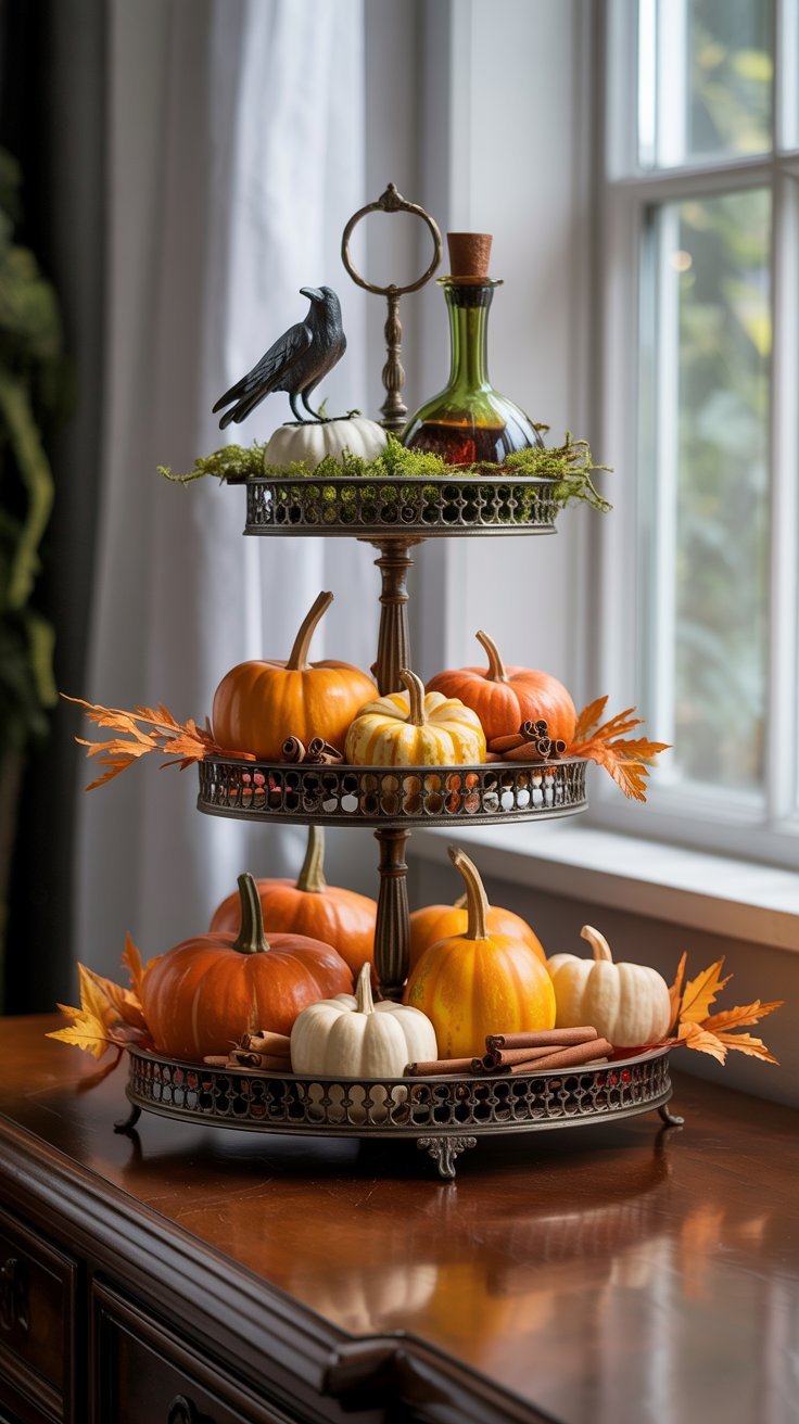 Présentoir à étages avec une décoration évolutive d automne et d Halloween