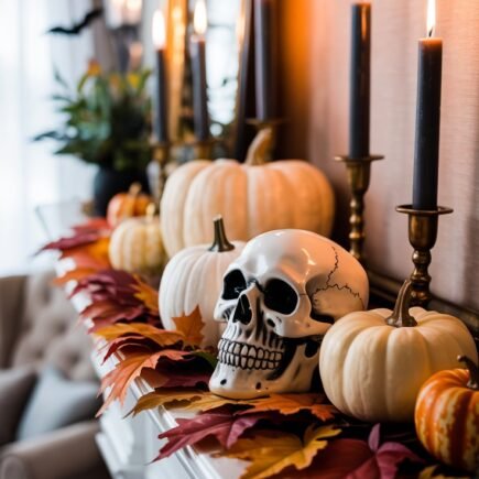 Cheminée décorée pour l'automne et Halloween avec citrouilles, crâne et bougies noires
