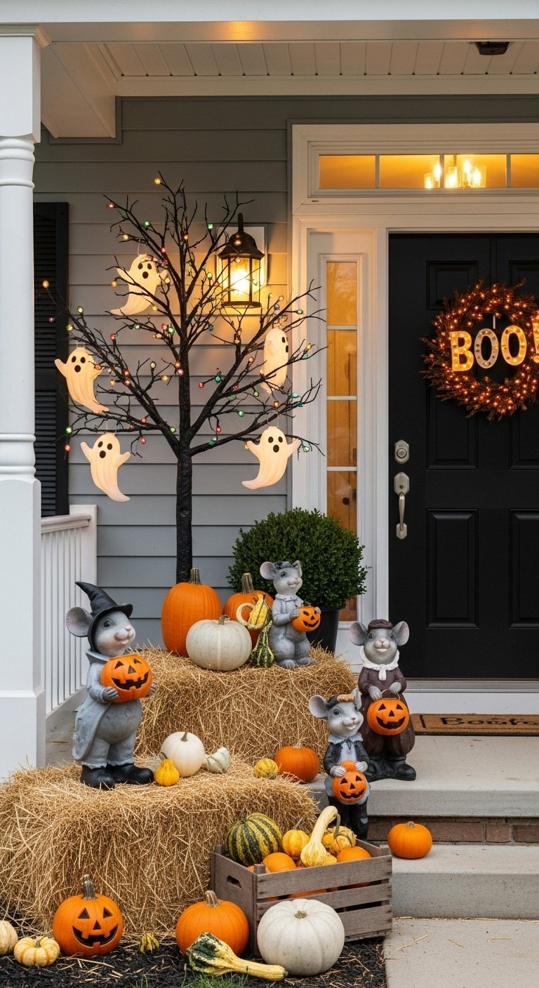 Arbre noir avec fantômes lumineux et statues de souris pour une décoration Halloween