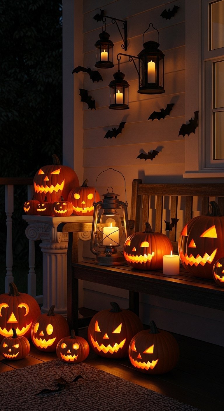 Banc en bois avec citrouilles d halloween lumineuses et lanternes