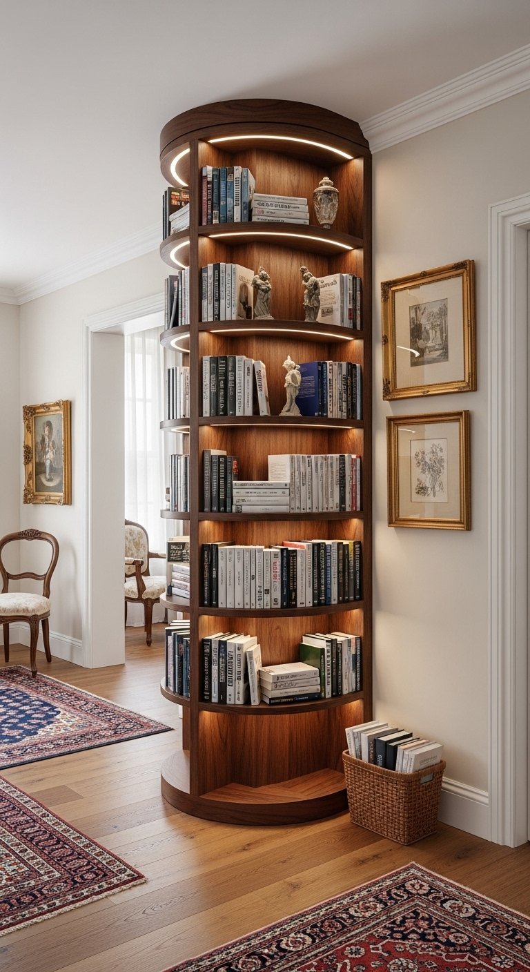 Bibliotheque dangle arrondie en bois fonce avec eclairage LED integre