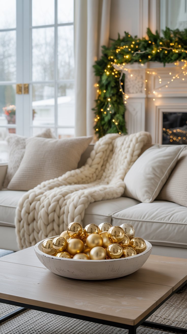 Bol en bois avec des boules de Noël dorées sur une table basse