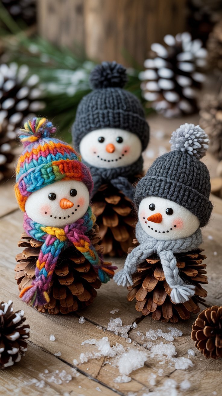 Bonshommes de neige en pommes de pin avec bonnets tricotés colorés