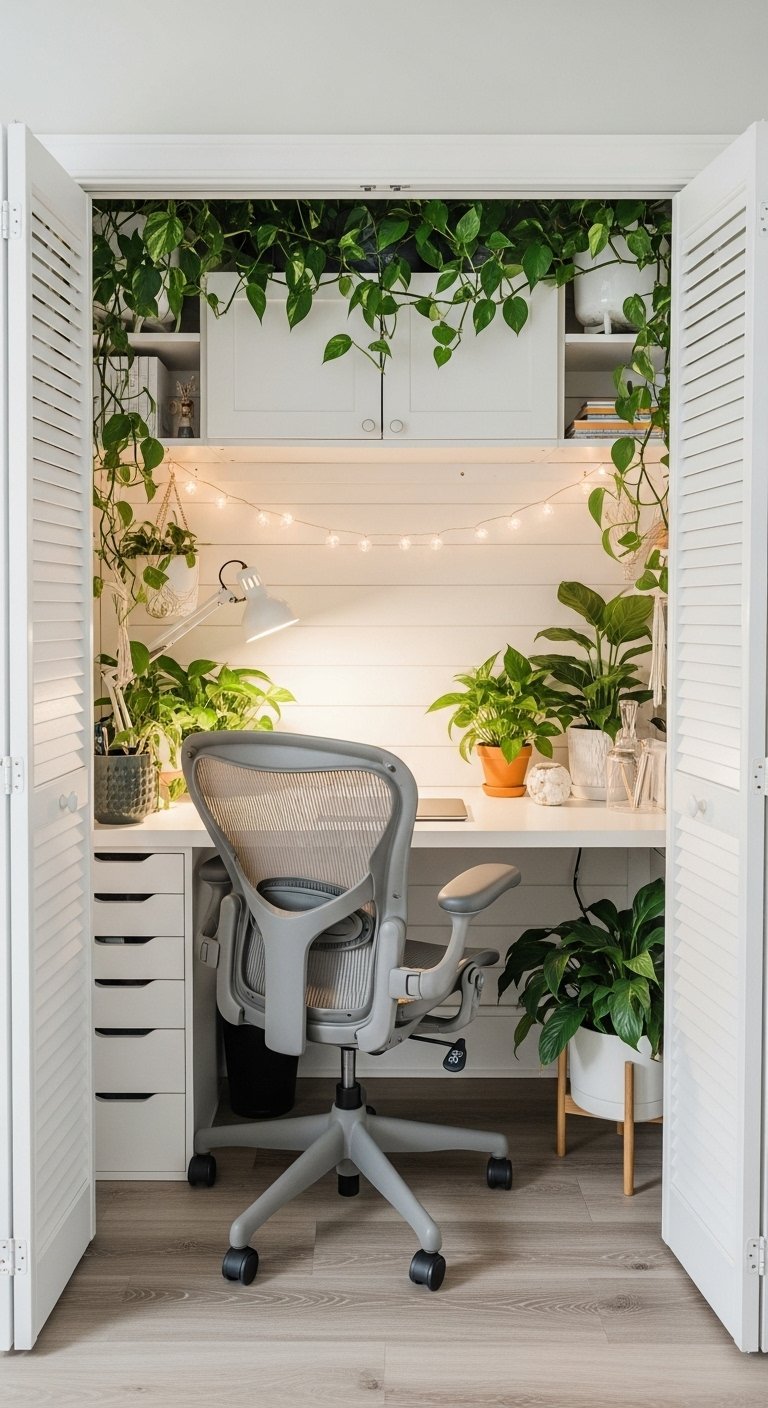 Bureau blanc avec chaise ergonomique et beaucoup de plantes vertes dans un placard à portes persiennes