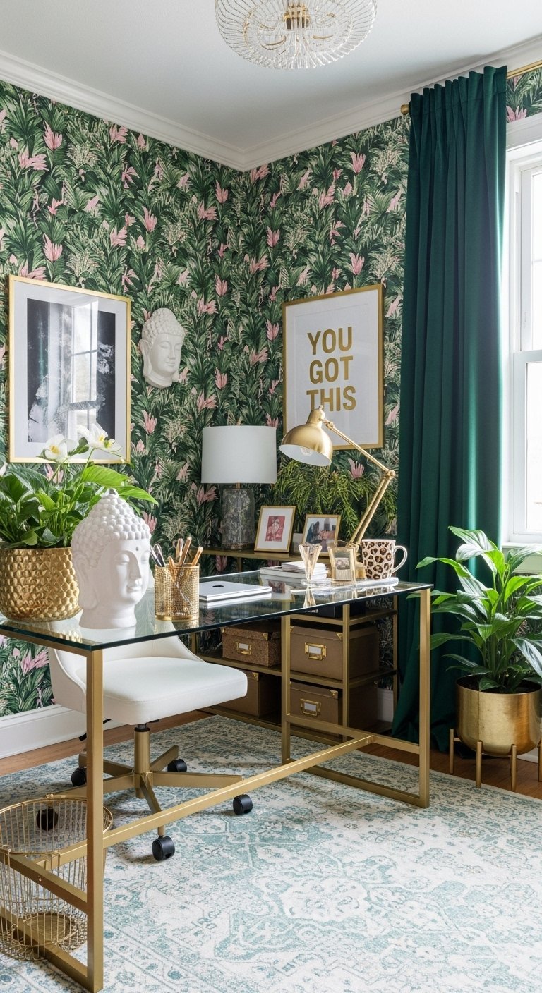 Bureau doré avec papier peint tropical vert et chaise blanche