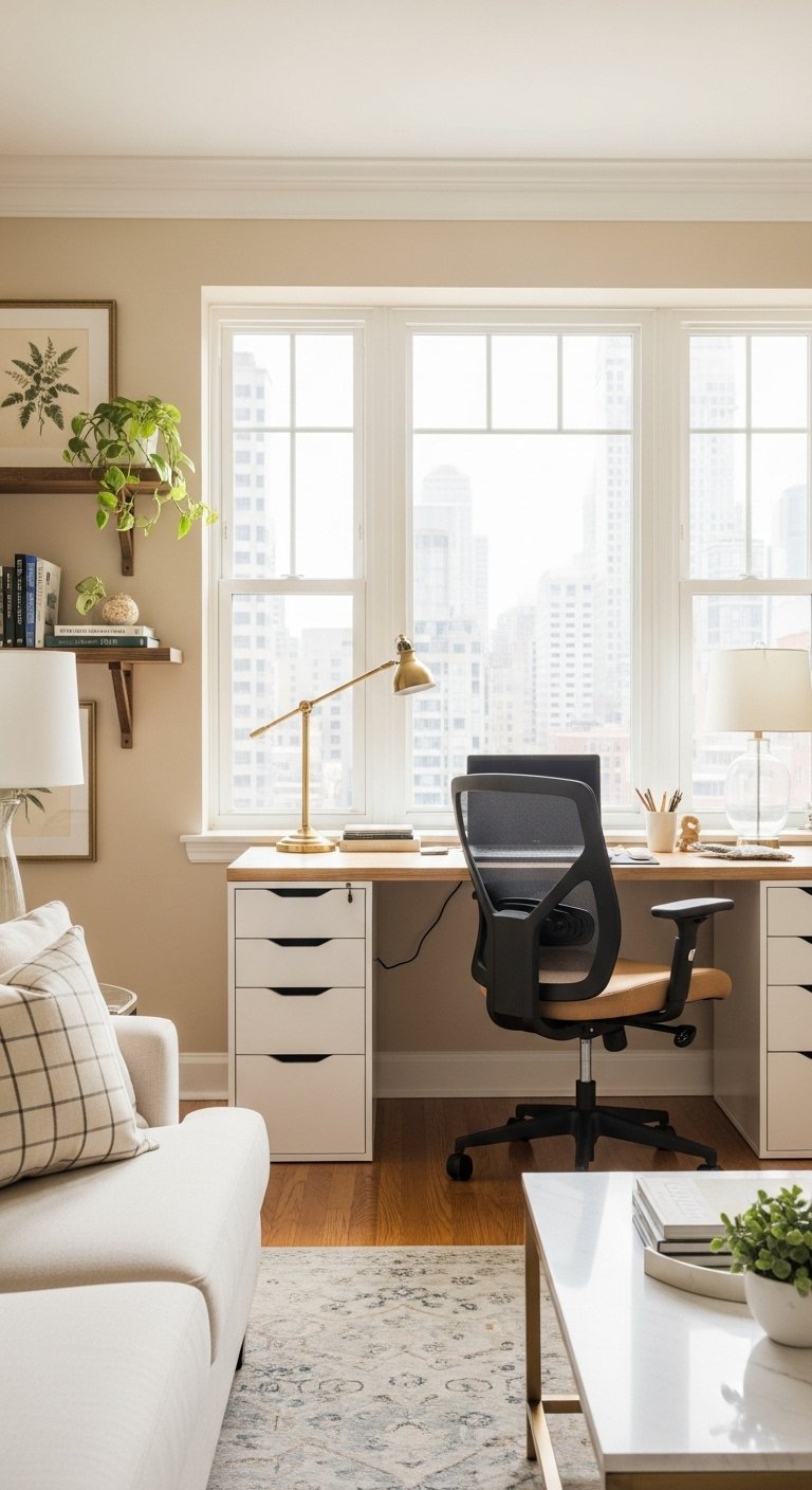 Bureau en bois clair devant une grande fenêtre avec vue sur la ville