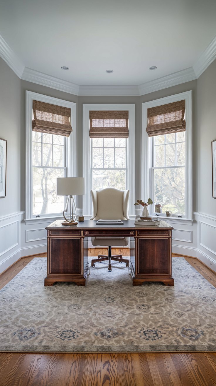 Bureau en bois classique devant une baie vitrée dans un bureau lumineux
